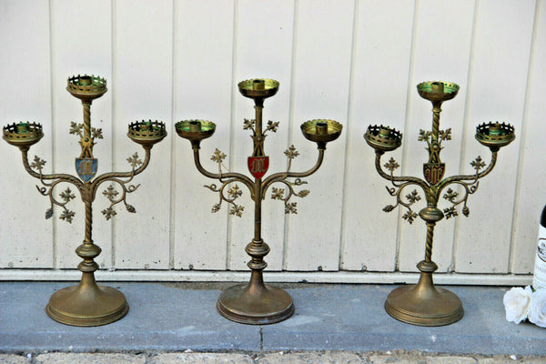 Antique French Religious set 3 Altar 3 arm Candelabras Candle holder Brass