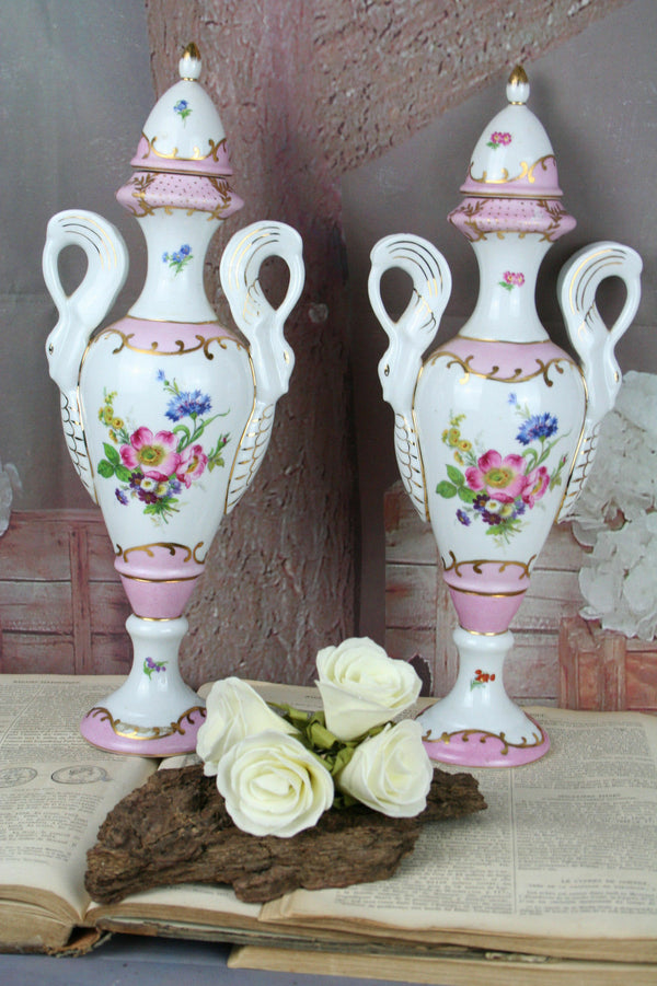 Exclusive PAIR French porcelain vases Swan handles marked floral pink limoges