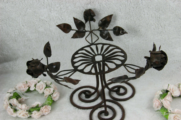 ART Nouveau French antique cast iron rose flowers Rose Glass bowl centerpiece
