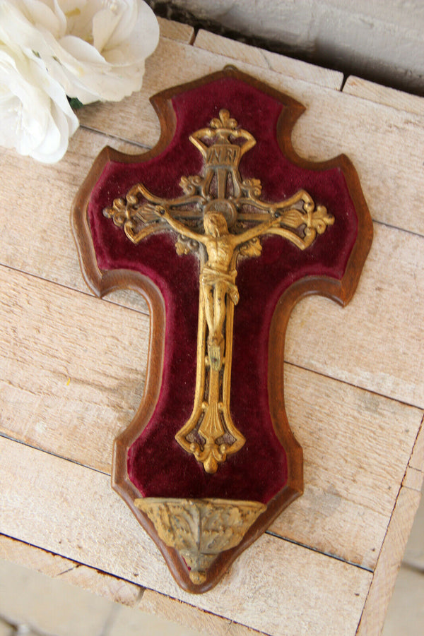 Old French antique Holy water font brass crucifix red velvet religious
