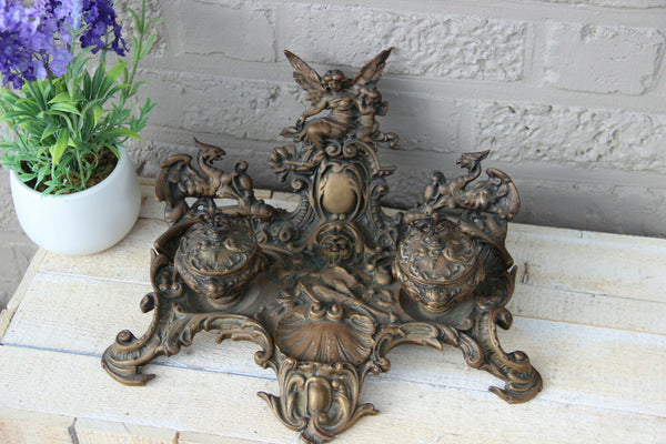 Antique Large French bronze Inkwell art nouveau Satyr devil head gothic dragon