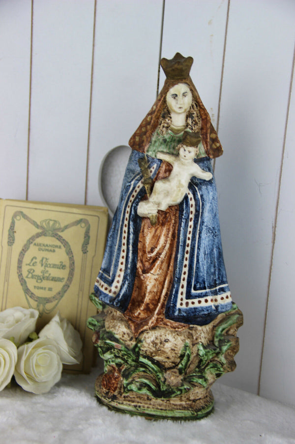 RARE Belgian Terracotta Antique 19thc polychrome MAdonna child figurine church