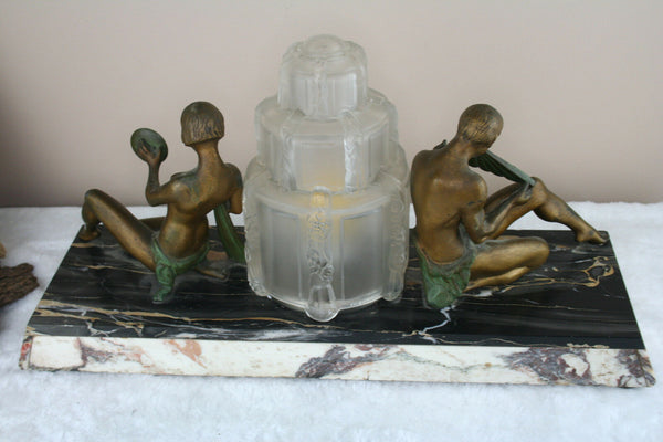 Rare Limousin signed ART Deco 1930 spelter bronze marble base lamp statue music