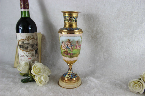 Rare French 19thc Enamel Cloisonne Onyx porcelain putti Vase top piece