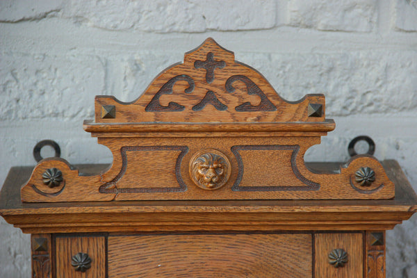 Antique german Wood carved Apothecary wall cabinet Lion head castle neo gothic
