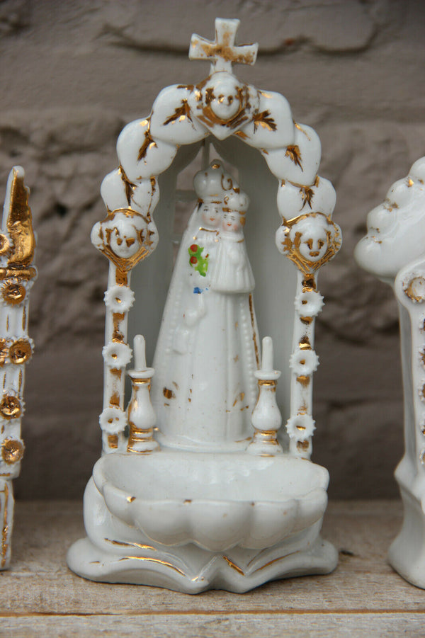 Set 4 antique French porcelain holy water font chapel madonna figurine