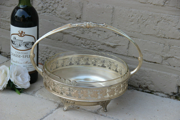 Vintage French metal silver patina Crystal glass centerpiece bowl