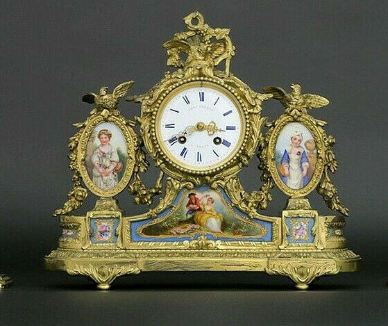 Antique 1850 SEVRES porcelain portrait medaillon lady birds clock