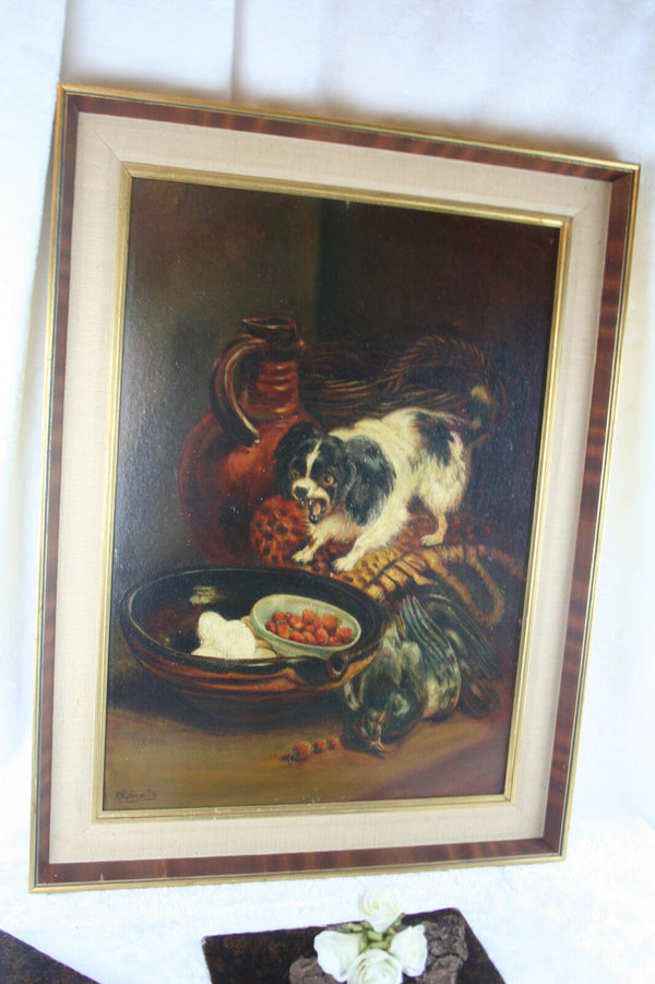 Dutch 60's  Oil on cardboard painting dog still life signed
