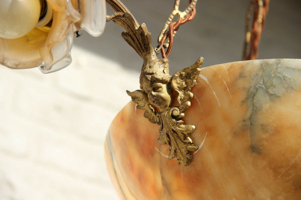 Antique French art nouveau Alabaster amber bowl Caryatid putti heads chandelier