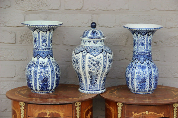 SET of 3 DELFT sphinx royal pottery blue white Vases floral decors marked