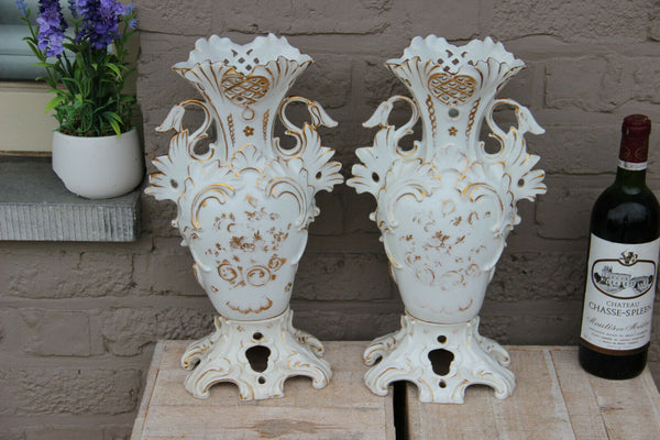 PAIR antique French vieux paris porcelain hand paint floral scene