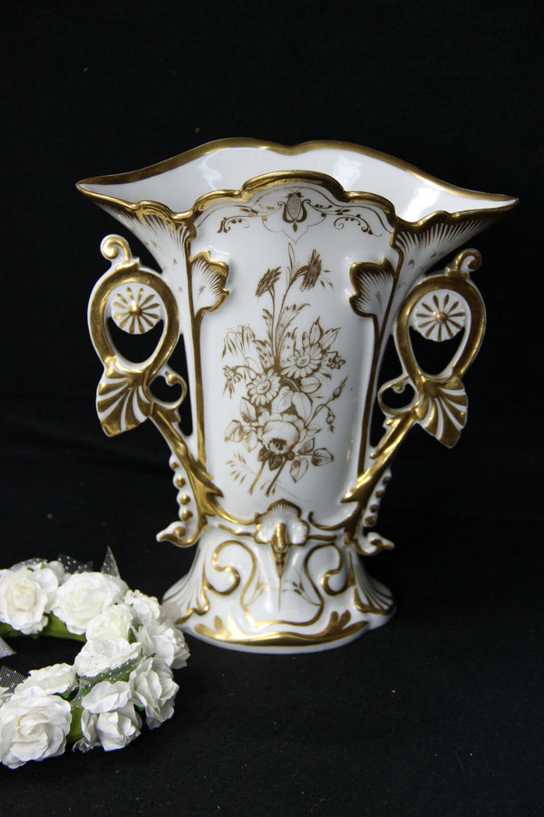 Antique vieux paris old porcelain Vase hand paint floral decor