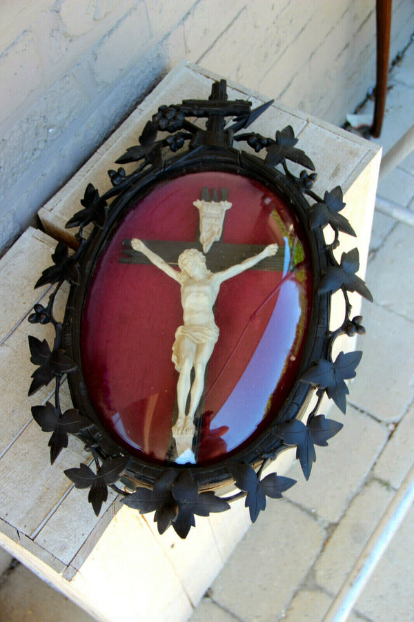 Antique black forest german wood carved meerschaum Crucifix plaque religious