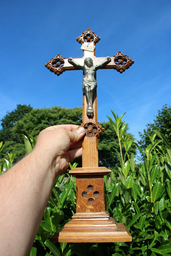 Antique French wood carved neo gothic Crucifix religious altar piece christ