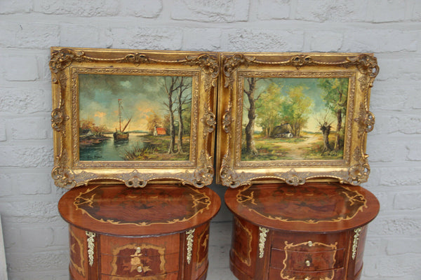 Pair flemish oil cardboard landscape maritime boat scene painting signed