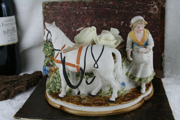 Gorgeous German antique bisque porcelain horse farm girl planter jardiniere