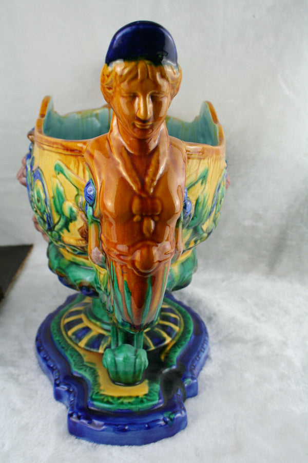 French XXL Art nouveau 1900 Caryatid Lion head Barbotine majolica Planter Vase