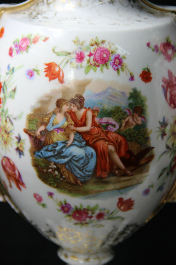 PAIR European marked porcelain Lidded Vases victorian scene floral