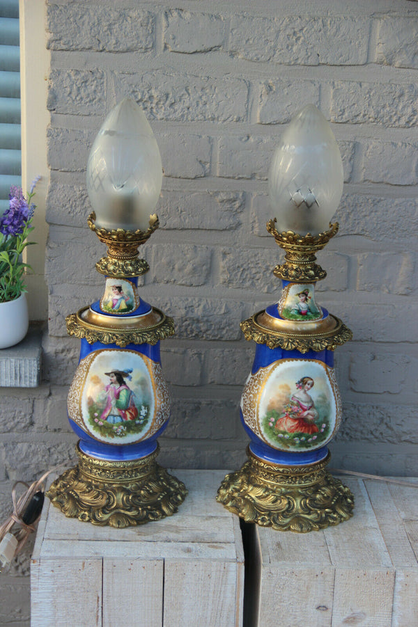 Antique pair 19thc french vieux paris porcelain table lamps portrait floral
