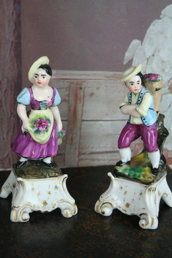 PAIR French antique petit pique fleurs Vases Figurines man&lady porcelain faienc