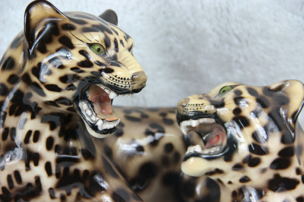 XL Italian mid century 1960 ronzan porcelain Panther leopard Group statue