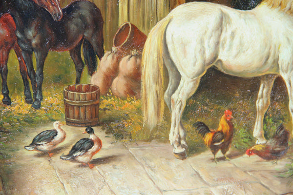 Flemish oil On panel painting farm stable scene horse chicken ducks animals 1960