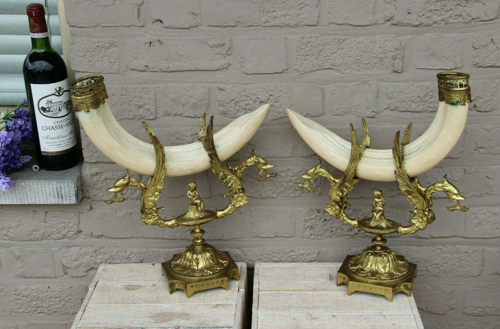RARE pair Bronze antique Cornucopia horn dragon gothic castle putti statue
