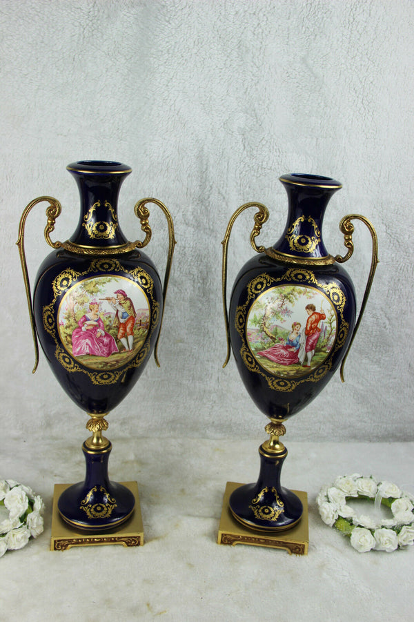 PAIR large French limoges porcelain victorian romantic scene Vases