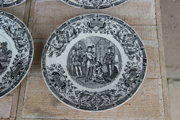 Antique set 4 SARREGUEMINES pottery marked plates jeanne d'arc theme