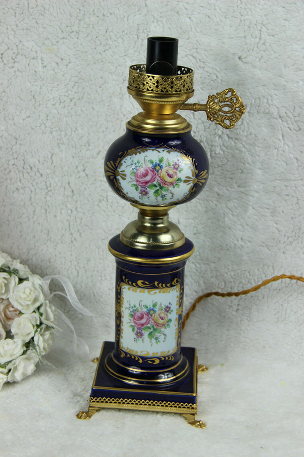 French Limoges Floral Table lamp porcelain blue marked lion paws