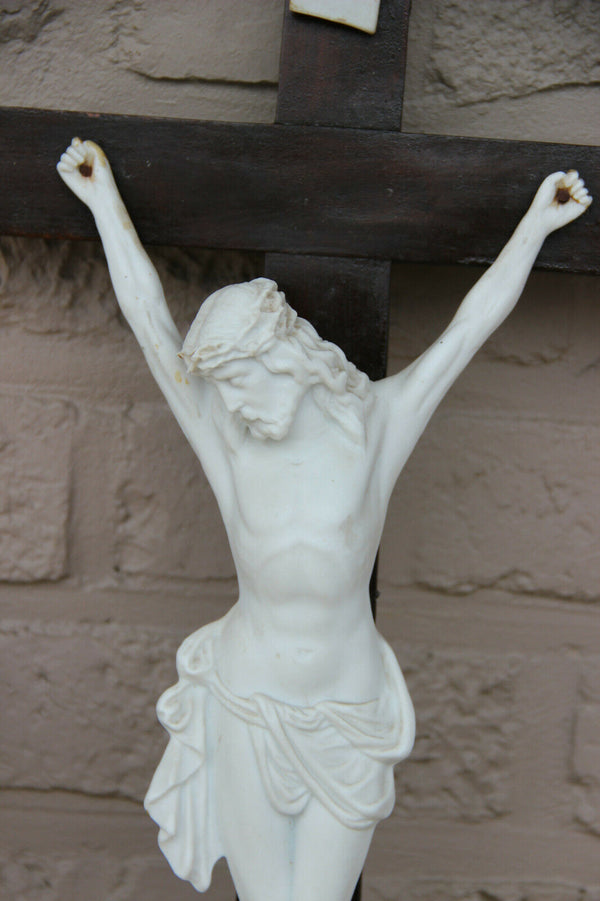 Antique french wood bisque porcelain christ crucifix religious