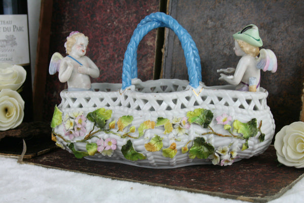 Gorgeous French marked porcelain planter "basket" putti angels floral decor 1950