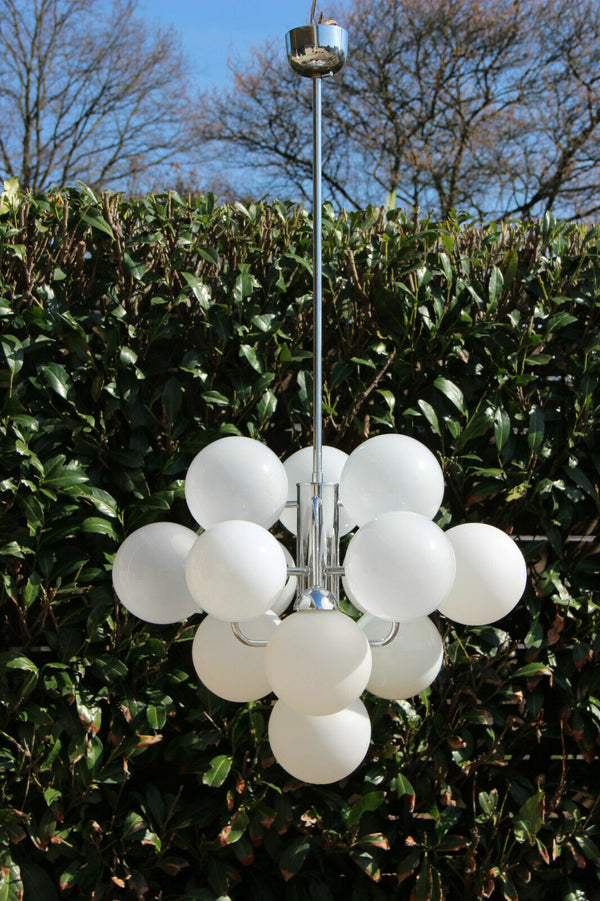 XL 13 GLOBES opaline SPUTNIK ATOMIC Mid century retro chandelier pendant chrome