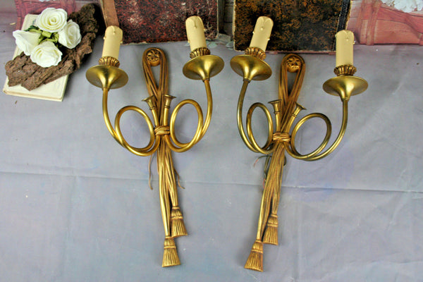 PAIR hunting horn brass 2 arms sconces wall ligts lamp 1920 French