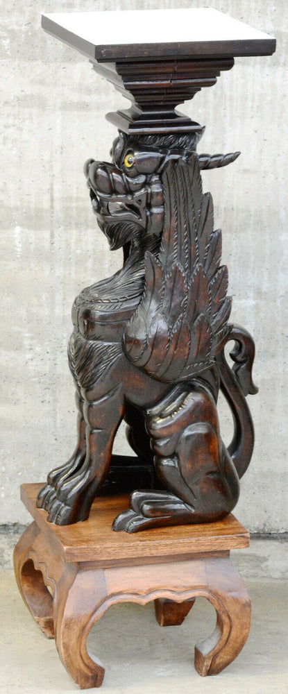 Vintage 41" asian wood carved Dragon temple dog pedestal for planter statue