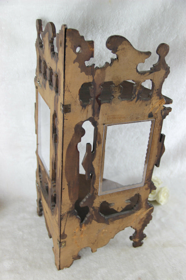 Rare German black forest style wood carved Rack console w photo frame 2 level