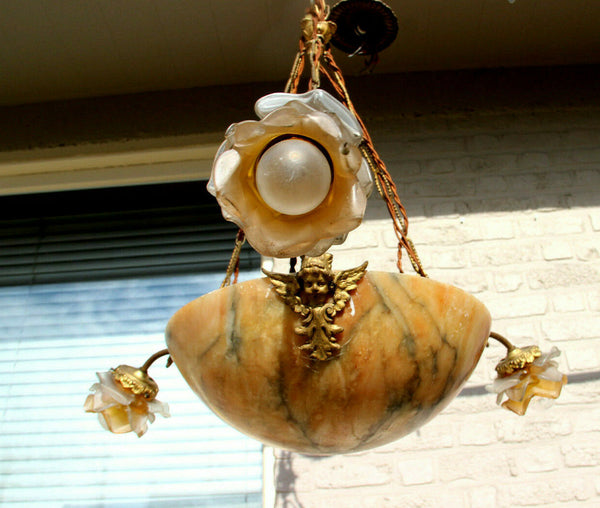 Antique French art nouveau Alabaster amber bowl Caryatid putti heads chandelier