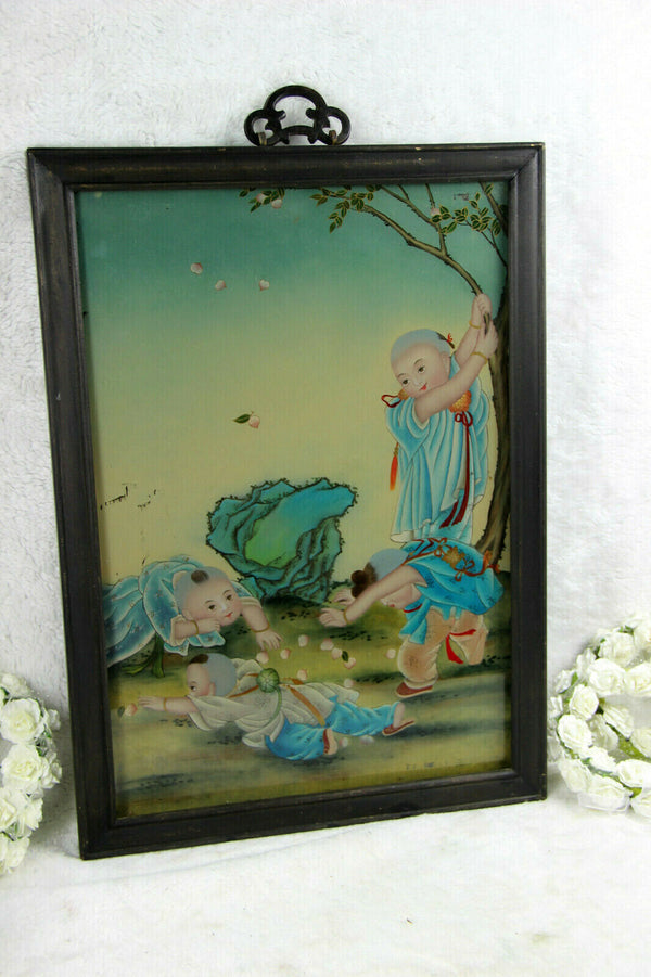 Antique Chinese eglomise reverse oil glass painting children playing signed