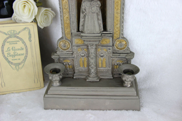 French 1950 Religious home altar church set madonna candle holders metal