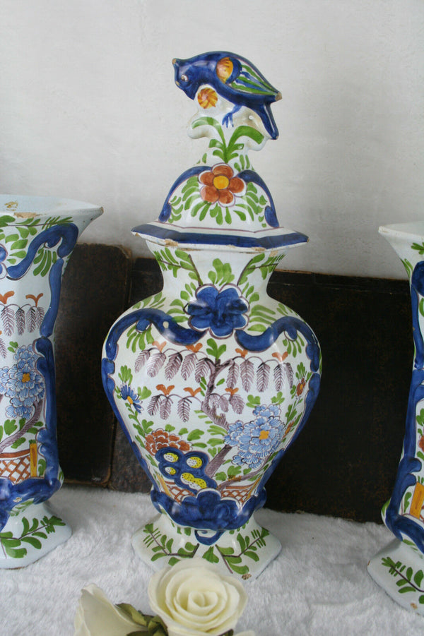 Antique 19thc  Set Delft pottery  Holland Polychrome Bird Vases set marked