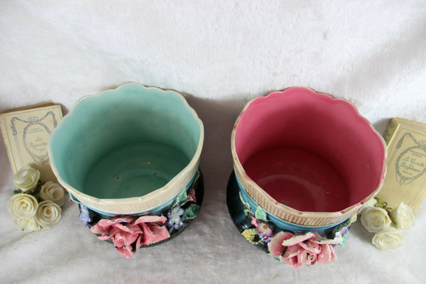 PAIR 1900 French Barbotine Majolica Relief floral jardiniere planter antique