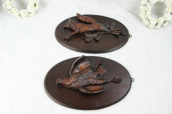 PAIR black forest German wood carved hunting trophy wall panel plaque fox bird