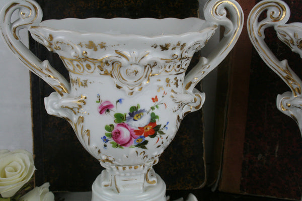 Antique French pair vieux paris old porcelain floral vases 1900 marked