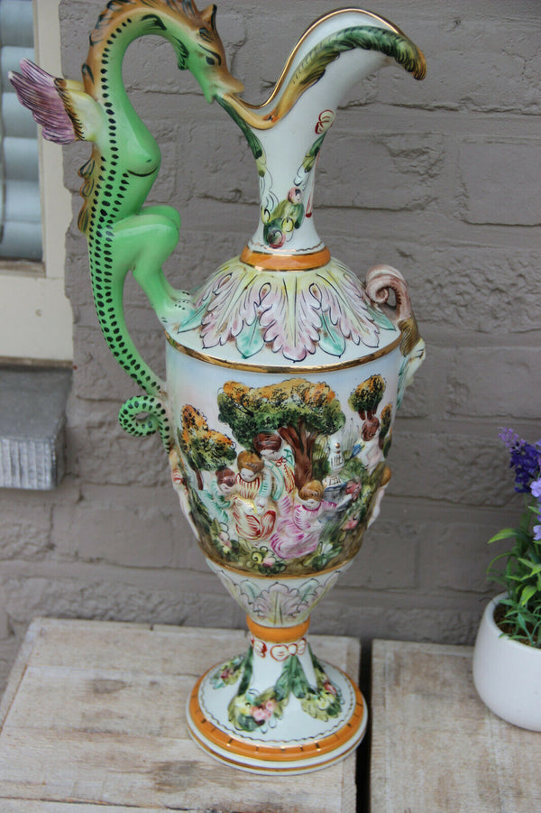 XL capodimonte italian marked porcelain Ewer pitcher dragon handle putti