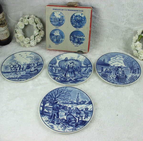 Set 4 DELFT blue white pottery 4 seasons plates wall hanging original box