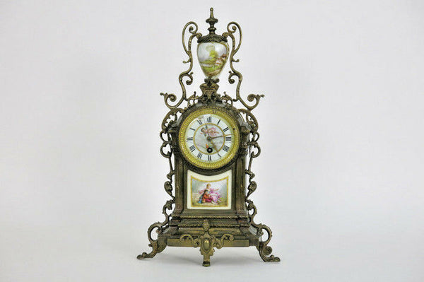 Antique Bronze Clock limoges putti porcelain plaques