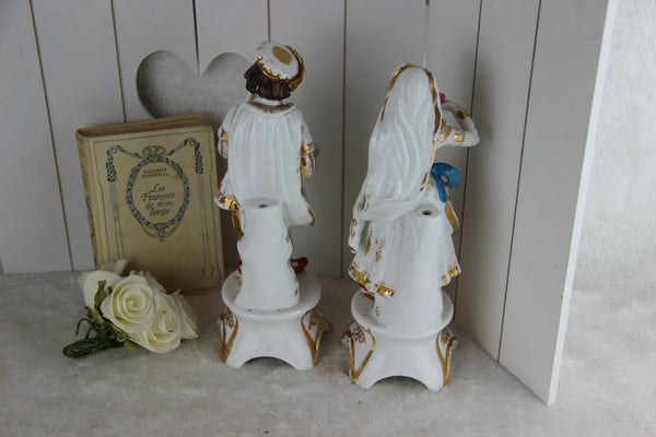 PAIR antique French 1900 vieux paris porcelain Pique fleur vases figurines