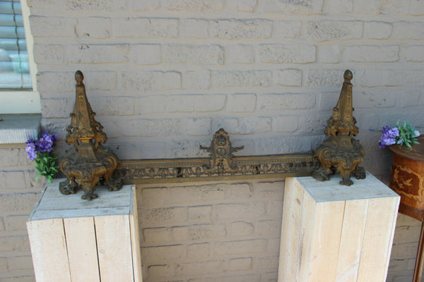 French antique bronze Fireplace andirons Set Lions gothic castle theme 19th c
