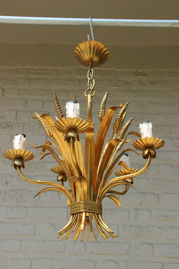 Hollywood regency mid century wheat corn leaf chandelier pendant  5 arms 1970